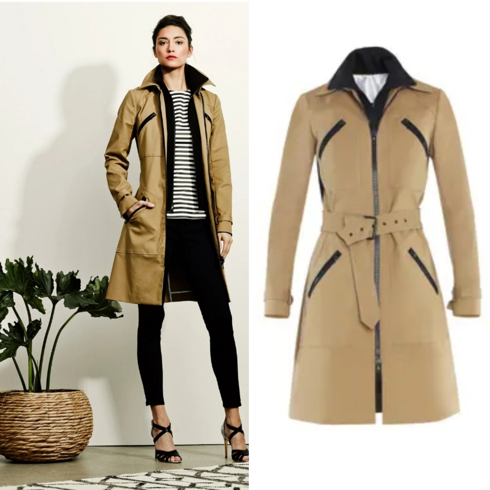 Veronica Beard Scuba Trench Coat Belted Tan Black Size 2